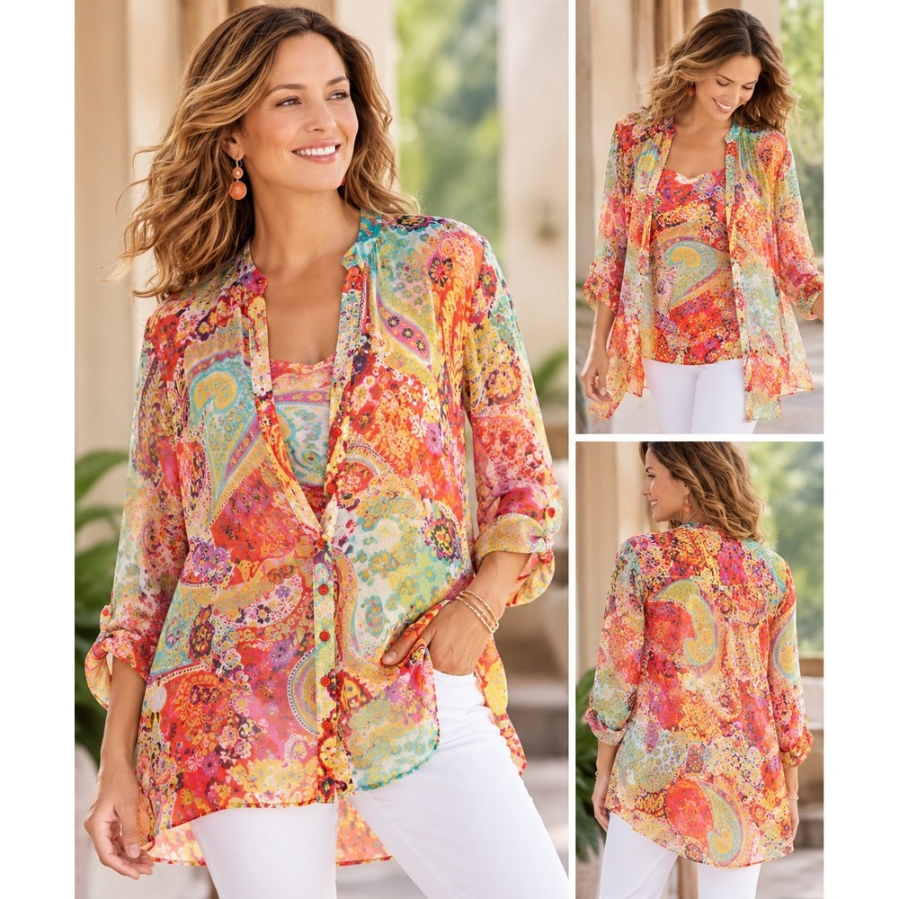 Soft Surrounding PL Petite Paisley Floral Tunic Blouse Cami Sheer Boho Button Up